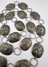 Vtg Fred Harvey Style Navajo Sterling Silver Turquoise Stamped Concho Belt 37.5