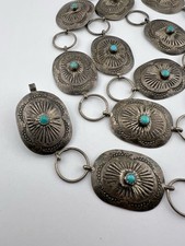 Vtg Fred Harvey Style Navajo Sterling Silver Turquoise Stamped Concho Belt 37.5