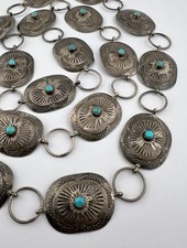 Vtg Fred Harvey Style Navajo Sterling Silver Turquoise Stamped Concho Belt 37.5