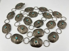 Vtg Fred Harvey Style Navajo Sterling Silver Turquoise Stamped Concho Belt 37.5