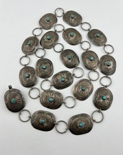 Vtg Fred Harvey Style Navajo Sterling Silver Turquoise Stamped Concho Belt 37.5"