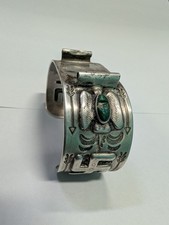 Navajo 1930 Fred Harvey Silver Turquoise Thunderbird Whirling Log Cuff Watchband - Additional view 1