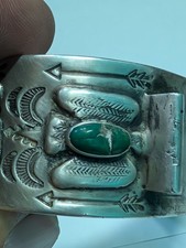 Navajo 1930 Fred Harvey Silver Turquoise Thunderbird Whirling Log Cuff Watchband - Additional view 12