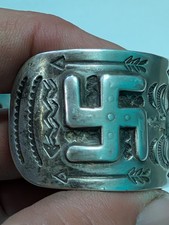 Navajo 1930 Fred Harvey Silver Turquoise Thunderbird Whirling Log Cuff Watchband - Additional view 13