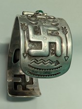 Navajo 1930 Fred Harvey Silver Turquoise Thunderbird Whirling Log Cuff Watchband - Additional view 3