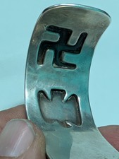 Navajo 1930 Fred Harvey Silver Turquoise Thunderbird Whirling Log Cuff Watchband - Additional view 4