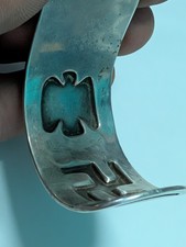 Navajo 1930 Fred Harvey Silver Turquoise Thunderbird Whirling Log Cuff Watchband - Additional view 5