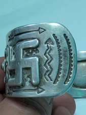 Navajo 1930 Fred Harvey Silver Turquoise Thunderbird Whirling Log Cuff Watchband - Additional view 8