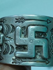 Navajo 1930 Fred Harvey Silver Turquoise Thunderbird Whirling Log Cuff Watchband - Additional view 9