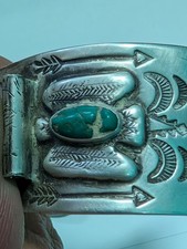 Navajo 1930 Fred Harvey Silver Turquoise Thunderbird Whirling Log Cuff Watchband - Additional view 10