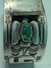 Navajo 1930 Fred Harvey Silver Turquoise Thunderbird Whirling Log Cuff Watchband