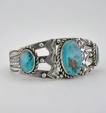 Early Fred Harvey Era Navajo Sterling Silver Cerrillos Turquoise Cuff Bracelet - Additional view 1
