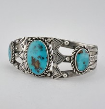 Early Fred Harvey Era Navajo Sterling Silver Cerrillos Turquoise Cuff Bracelet - Additional view 2