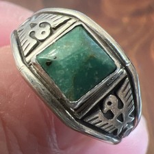 Vintage Early Bell Sterling Green Turquoise Thunderbird Fred Harvey Ring Sz 6.5 - Additional view 3