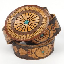 Vintage Chambers Fred Harvey Tooled Leather Belt & Buckle Steerhide READ ALL