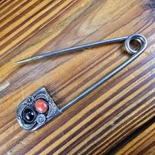 Vtg Fred Harvey Era Navajo Jeweled Large Safety Pin Brooch / Key Chain Sterling - Additional view 9