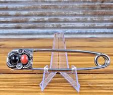 Vtg Fred Harvey Era Navajo Jeweled Large Safety Pin Brooch / Key Chain Sterling