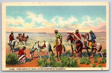 Indians Watching First Santa Fe Train UNP Fred Harvey Linen Postcard XD11