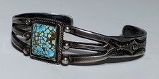 NAVAJO SILVER KINGMAN TURQUOISE & STAMPWORK BRACELET Vintage FRED HARVEY - Additional view 1