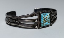 NAVAJO SILVER KINGMAN TURQUOISE & STAMPWORK BRACELET Vintage FRED HARVEY
