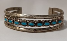 FRED HARVEY Cuff Bracelet Nickle Silver CARINATED Petite SNAKE EYES TURQUOISE - Additional view 1