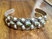 Vtg Fred Harvey Era Coin Silver Green Stone Cuff Bracelet Silver Products Mark