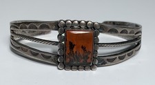NAVAJO SILVER STAMP WORK & PETRIFIED WOOD BRACELET Vintage FRED HARVEY
