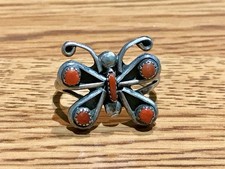 💥NATIVE AMERICAN Fred Harvey Sterling Silver BEAUTIFUL Butterfly Coral Ring 8