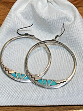 🔥NATIVE AMERICAN Navajo FRED HARVEY 925 Sterling Silver HUGE Turquoise Earrings - Additional view 2