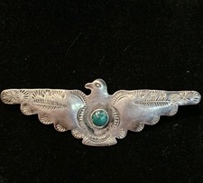 Vintage Fred Harvey Era Sterling Thunderbird 3.5" Brooch with Green Turquoise