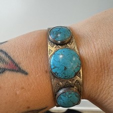 Vintage Fred Harvey Era Bracelet Machine Stamped Metal Composite Stones - Additional view 2