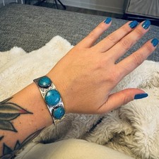 Vintage Fred Harvey Era Bracelet Machine Stamped Metal Composite Stones - Additional view 3