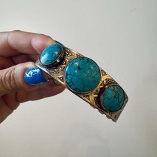 Vintage Fred Harvey Era Bracelet Machine Stamped Metal Composite Stones