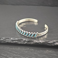 Fred Harvey Era Block Turquoise Cluster Cuff Sterling Silver Bracelet - Additional view 5