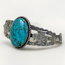 Vintage FRED HARVEY Navajo BIG Turquoise THUNDERBIRD Sterling Bracelet 6.75