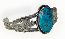 Vintage FRED HARVEY Navajo BIG Turquoise THUNDERBIRD Sterling Bracelet 6.75