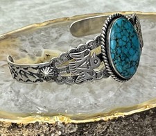 Vintage FRED HARVEY Navajo BIG Turquoise THUNDERBIRD Sterling Bracelet 6.75