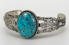 Vintage FRED HARVEY Navajo BIG Turquoise THUNDERBIRD Sterling Bracelet 6.75