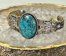 Vintage FRED HARVEY Navajo BIG Turquoise THUNDERBIRD Sterling Bracelet 6.75