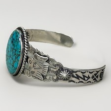 Vintage FRED HARVEY Navajo BIG Turquoise THUNDERBIRD Sterling Bracelet 6.75
