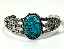 Vintage FRED HARVEY Navajo BIG Turquoise THUNDERBIRD Sterling Bracelet 6.75"