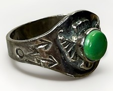 VTG Fred Harvey Era Sterling Silver Thunderbird Ring Green Turquoise Size Sz 5 - Additional view 1