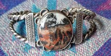 Fred Harvey Era Native American Navajo Petrified Wood Coin Silver Bracelet - Additional view 2