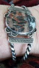 Fred Harvey Era Native American Navajo Petrified Wood Coin Silver Bracelet - Additional view 6