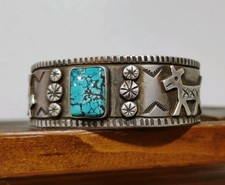 Early Fred Harvey Era NAVAJO Spiderweb TURQUOISE Sterling DOG Cuff Bracelet