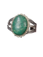 Navajo Fred Harvey Era Cuff Bracelet W/Huge Green Jasper Cabochon Sterling 7”