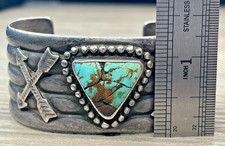 Fred Harvey Era Sterling 925 Turquoise Crossed Arrows Wide Ribbed Cuff 70g Heavy - Additional view 14