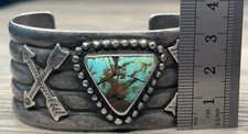Fred Harvey Era Sterling 925 Turquoise Crossed Arrows Wide Ribbed Cuff 70g Heavy - Additional view 15