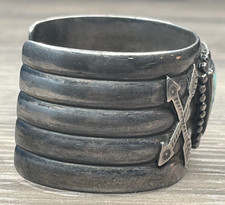 Fred Harvey Era Sterling 925 Turquoise Crossed Arrows Wide Ribbed Cuff 70g Heavy - Additional view 3