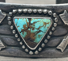 Fred Harvey Era Sterling 925 Turquoise Crossed Arrows Wide Ribbed Cuff 70g Heavy - Additional view 5